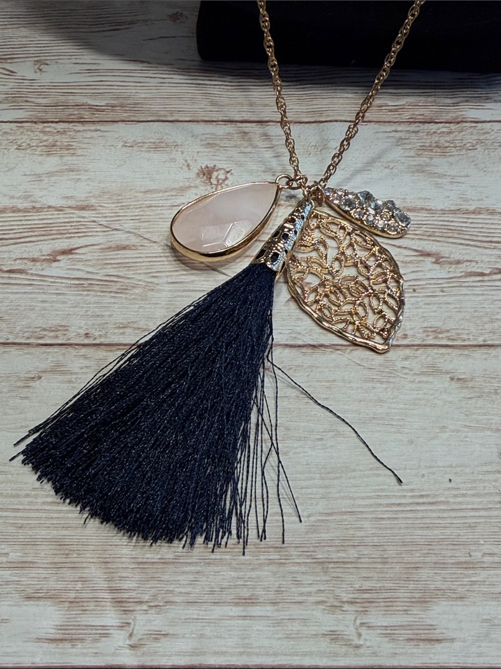 Gold Leaf Pendant Necklace with Black Tassel and Rose Quartz Teardrop